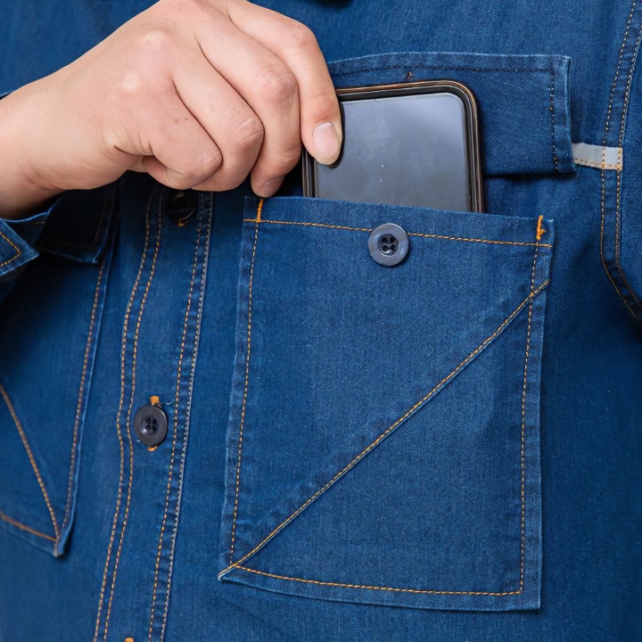 夏季牛仔工作服套装男女同款微弹透气时尚大方纯棉电焊工防烫耐磨