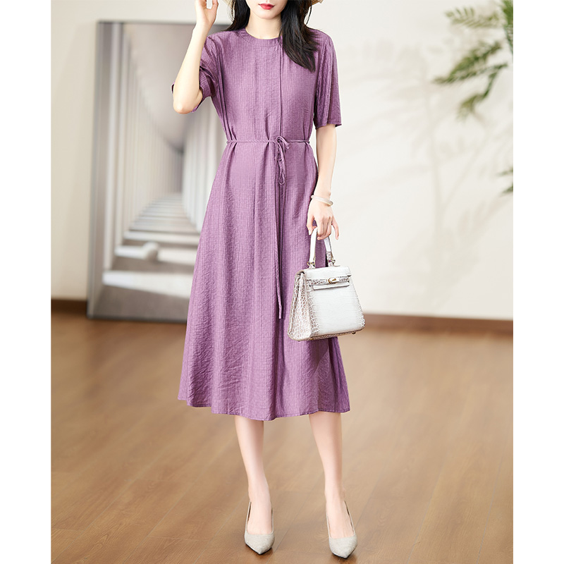 迪欧芙2024纯色轻奢女装连衣裙气质显瘦妈妈装夏季新款#XLQ16962