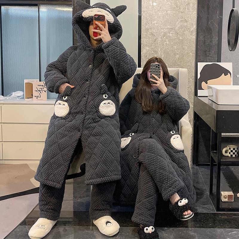 珊瑚绒情侣睡衣女秋冬季男士夹棉睡袍三层加厚长款连帽家居服套装