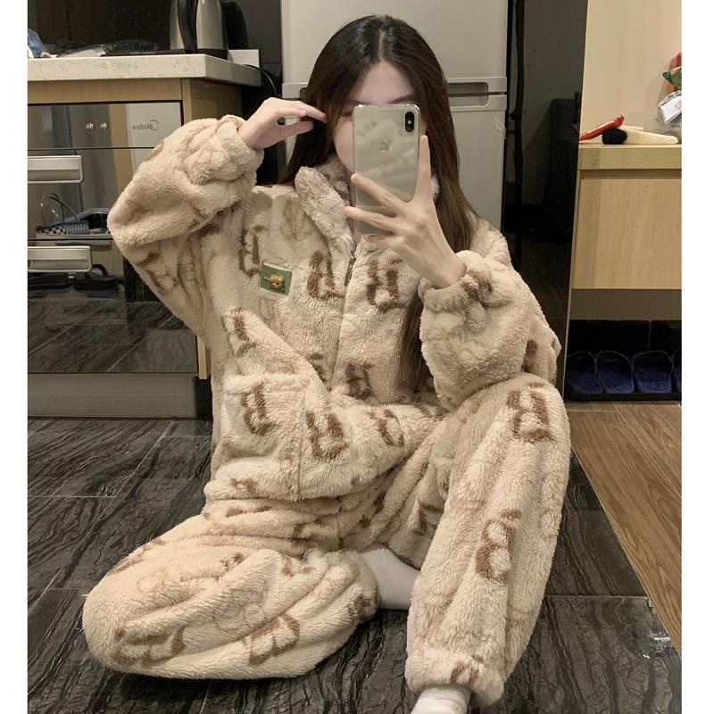 珊瑚绒睡衣女款秋冬季加绒加厚保暖2023年新款字母家居服套装冬天