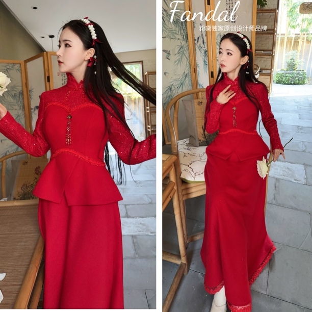 粉黛原创 岁禧 加厚轻奢高端修身显瘦洋气套装裙优雅气质两件套