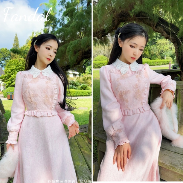 粉黛原创 粉月光舞会 秋冬连衣裙气质a字收腰中长款裙子