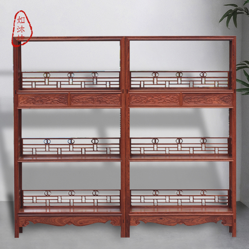 缅花螭龙纹书架明式红木架格王世襄款书房带抽屉架子