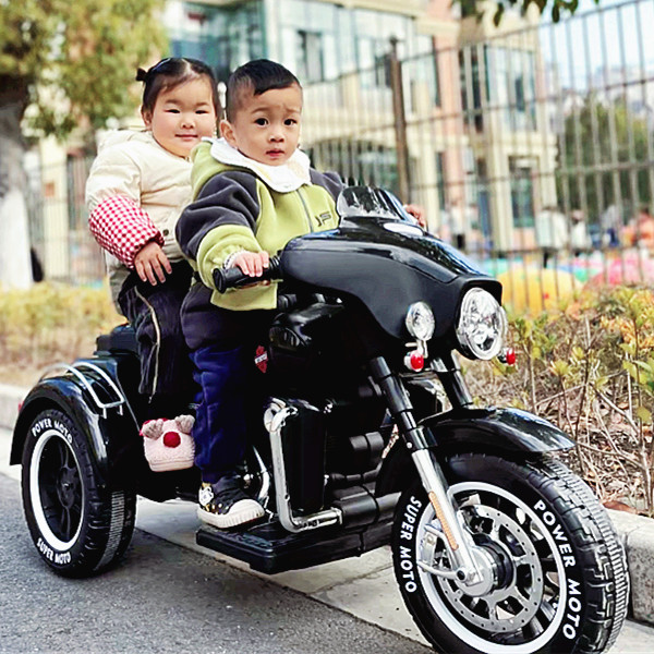 儿童车哈雷摩托车电动可坐双人三轮充电拉货音乐电子多功能儿童节
