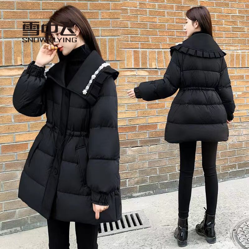 雪中飞羽绒服2022冬季新款气质宽松中长款棉服女黑色重工显