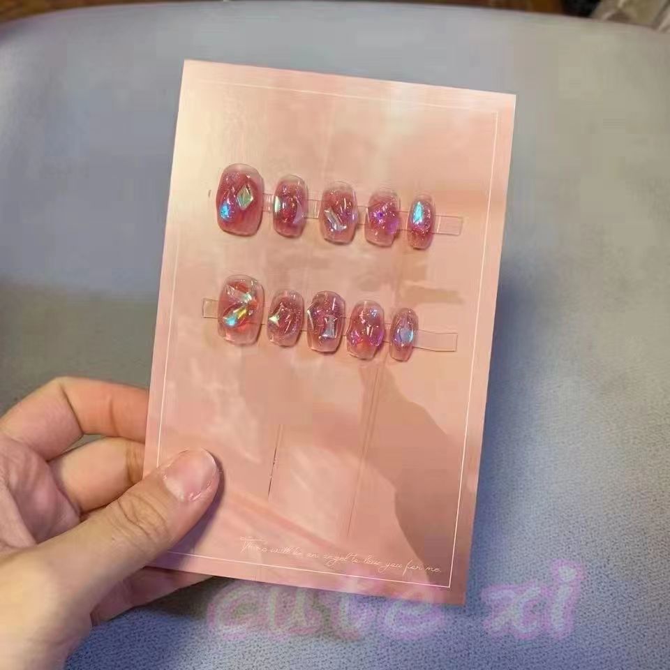 手工光疗美甲贴成品爆款带钻腮红晕染极光钻假指甲贴片反秋冬新款