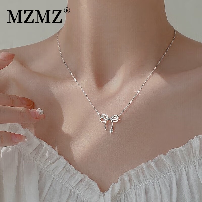 MZMZ 坠链均925银 蝴蝶结项链女锁骨链吊坠小清新生日礼物送女友