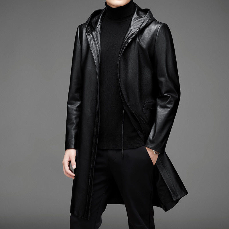 海宁真皮皮衣男头层小牛皮中长款连帽皮夹克男士休闲商务男装外套