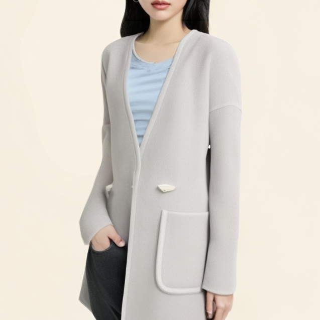 欧美风休闲宽松大码轻奢气质高端羊毛牛角扣围巾款中长款双面大衣