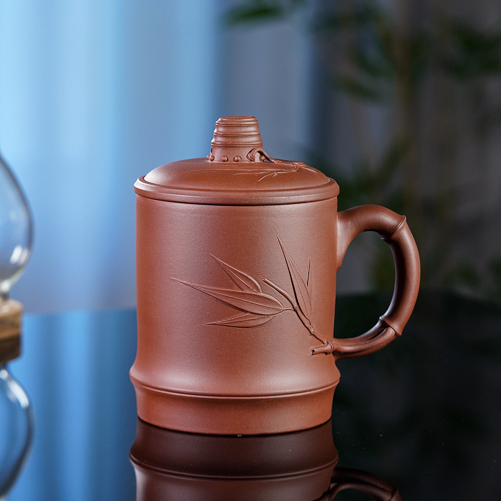宜兴陶瓷紫砂杯贴竹盖杯1000CC带盖家用办公用竹节杯高档水盖茶壶