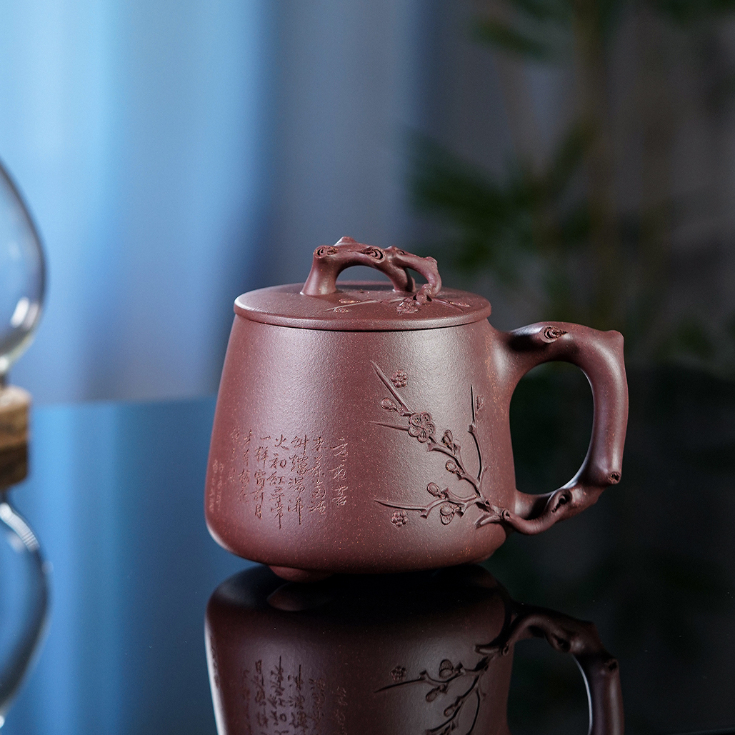 宜兴高档紫砂杯梅花杯石瓢单杯家用高端泡茶杯带盖茶具茶杯刻字盖