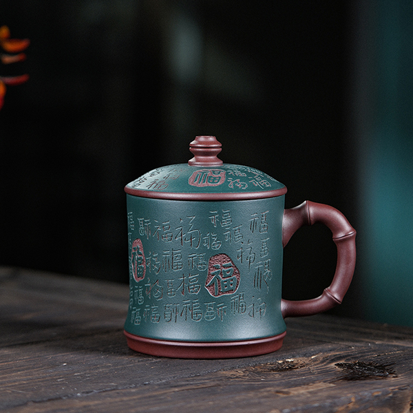 宜兴原矿粉浆紫砂陶瓷百福杯单杯紫砂盖杯全手工竹节杯主人杯双色