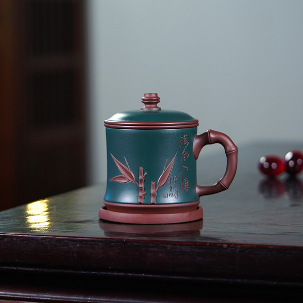 宜兴紫砂杯清风入怀带盖带茶具贴竹办公家用泡茶杯竹节杯刻字高档