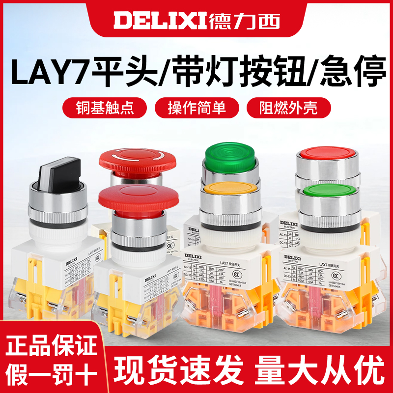 德力西按钮开关自复位LAY7-11BN平头按钮急停自锁按钮旋钮11D带灯
