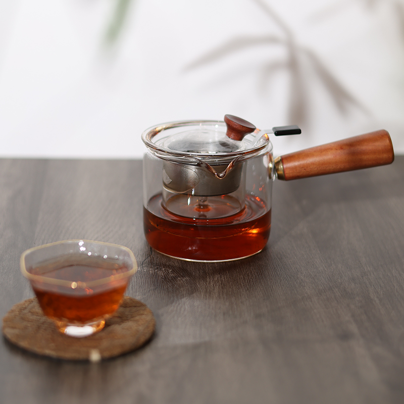 手工实木侧把玻璃茶壶家用过滤泡茶壶透明耐高温茶具茶具小型耐热