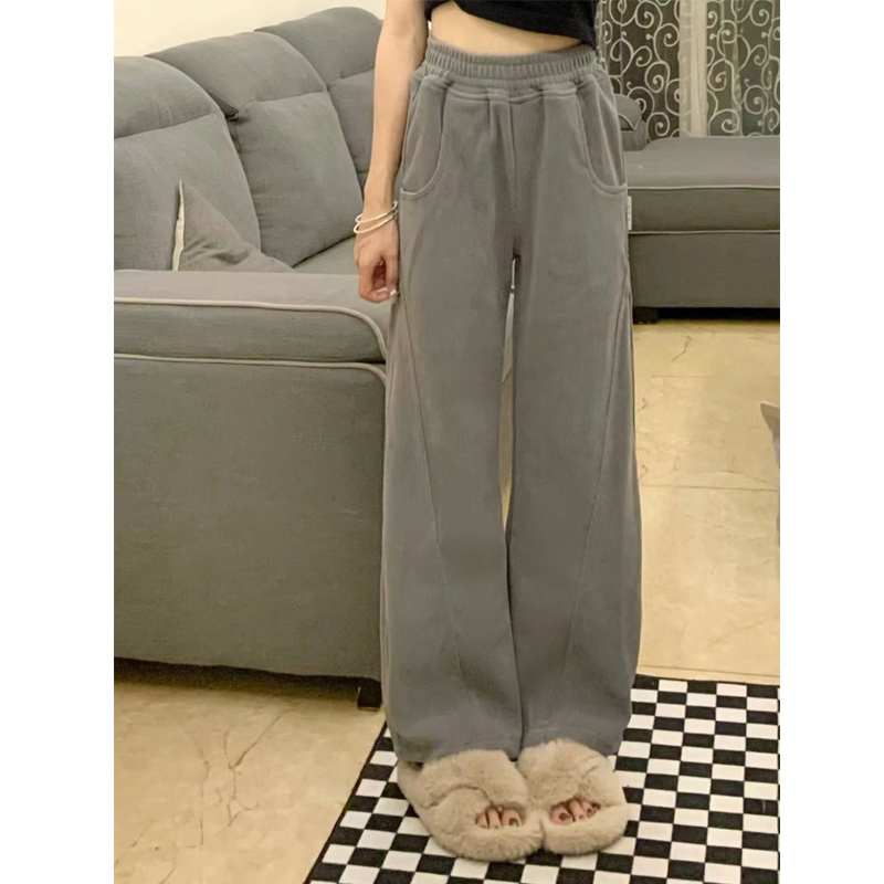 美式复古加绒加厚灯芯绒运动裤女2023秋冬新款高腰直筒阔腿拖地裤