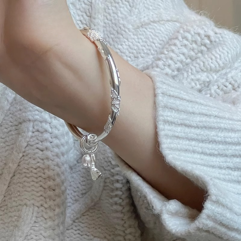 足银手镯 【V21】足银999.9繁花似锦花蕊蝴蝶手镯女轻奢小众高级感