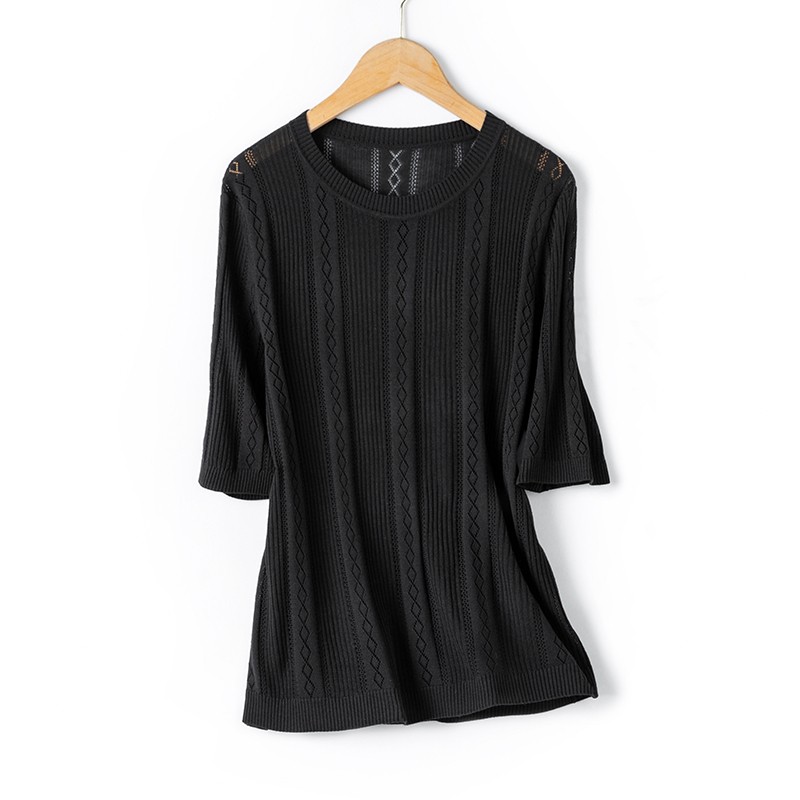 【莱赛尔+桑蚕丝】春夏女士圆领条纹白色镂空T恤毛衣针织衫33027