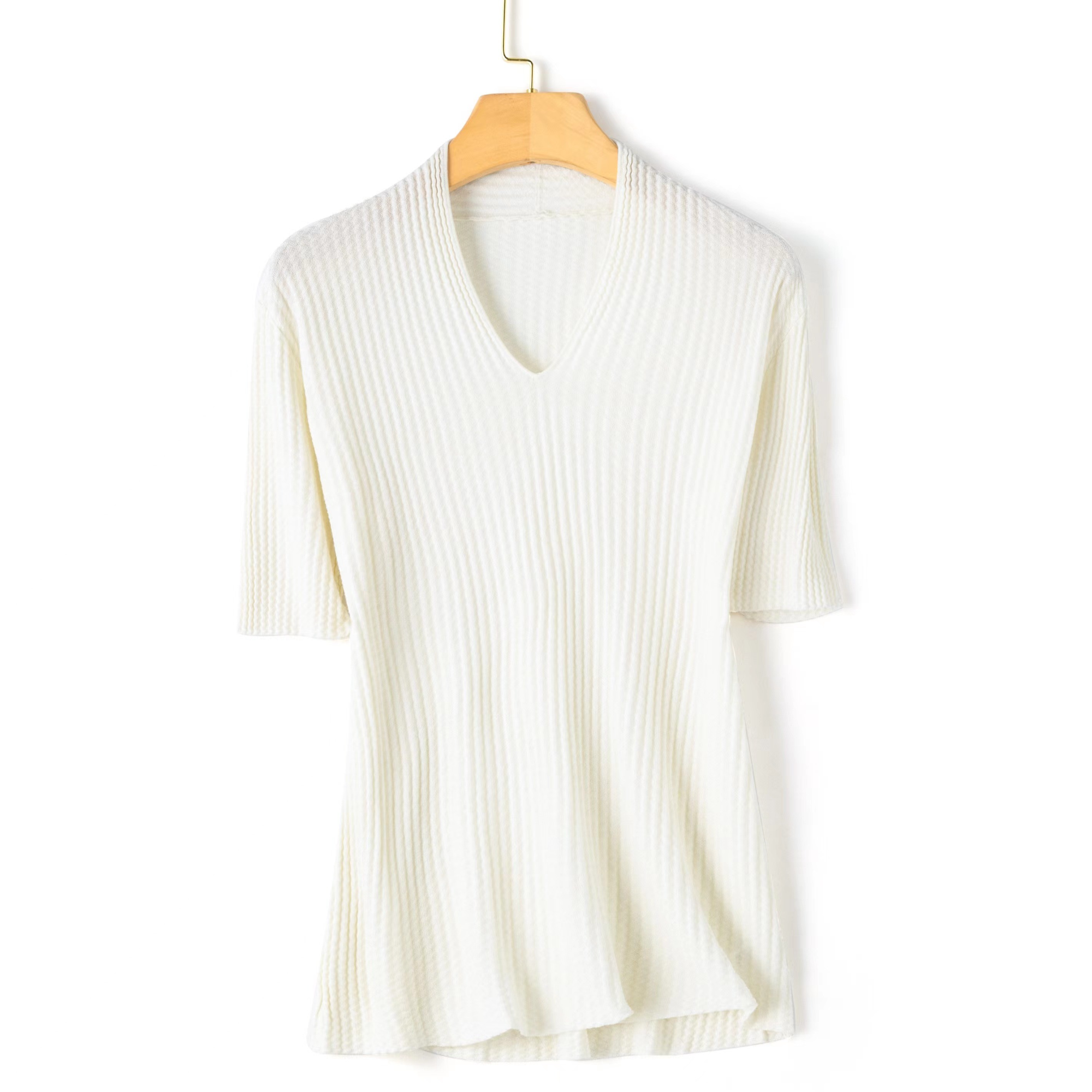 【莱赛尔+桑蚕丝】春夏女士V领针织百搭T恤薄款时尚菱纹短袖34002