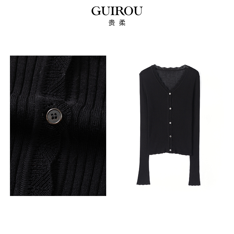 【莱赛尔+桑蚕丝】夏季V领长袖百搭修身针织衫女士花边开衫60060