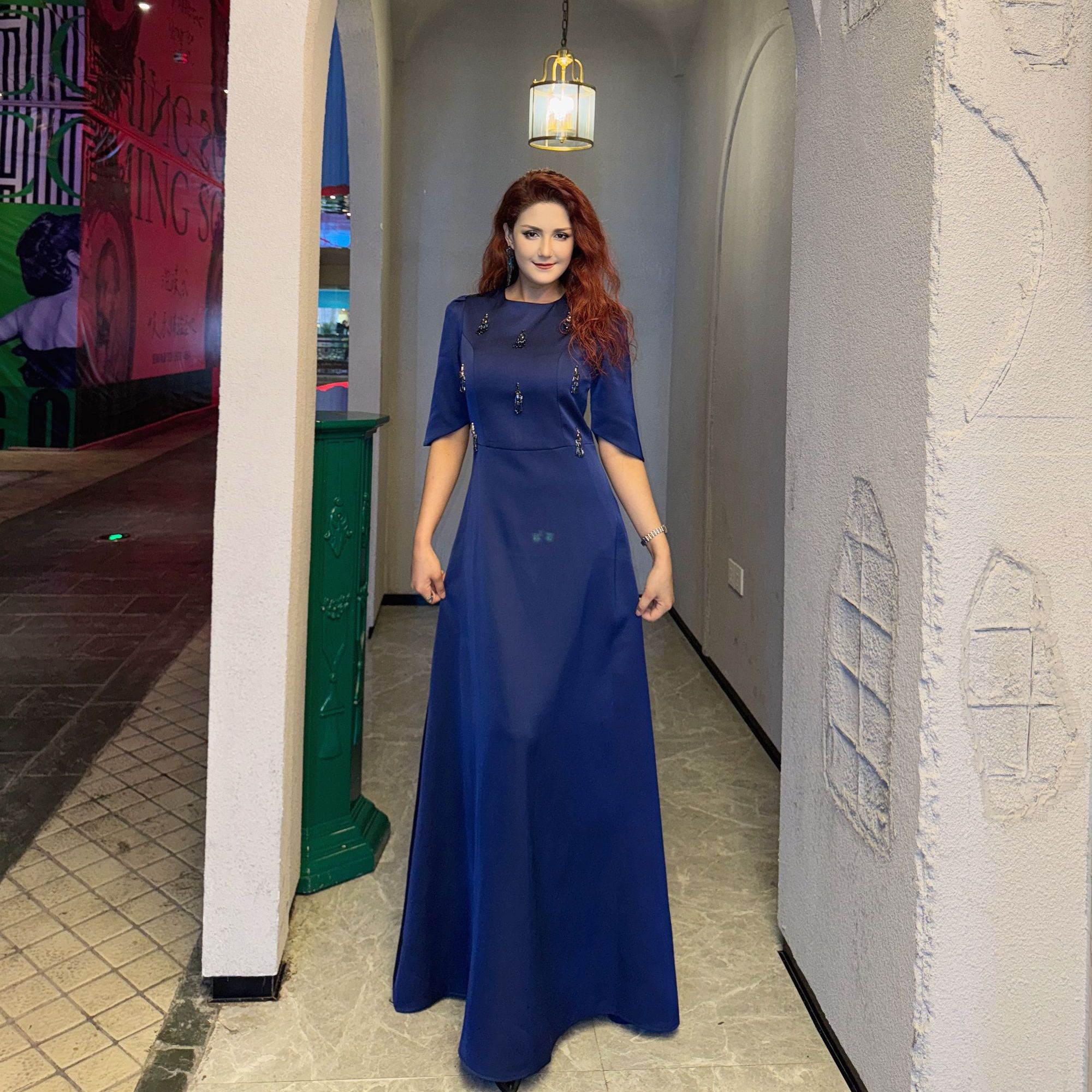 (轻奢礼服)轻奢时尚收腰连衣裙显瘦气质夏季法式长款宴会优雅蓝色