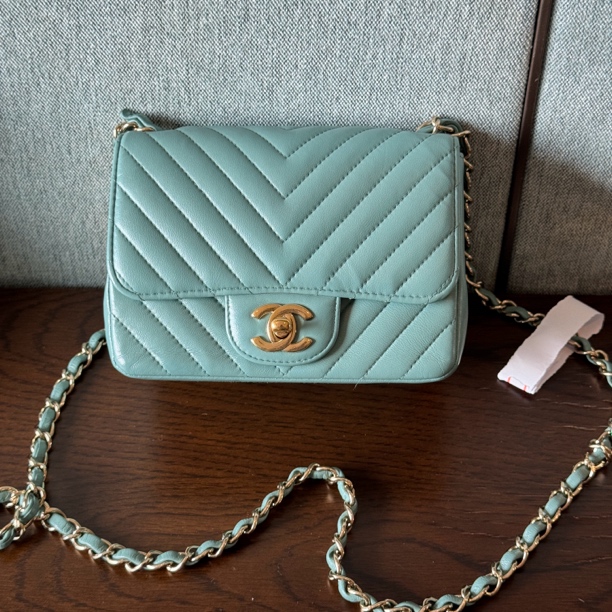 99新  大吉中古/Chanel香奈儿蓝金v纹方胖子斜挎包