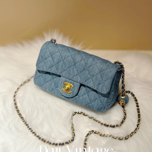 99新 Chanel/香奈儿 大吉中古/香奈儿丹宁金球大mini斜挎包