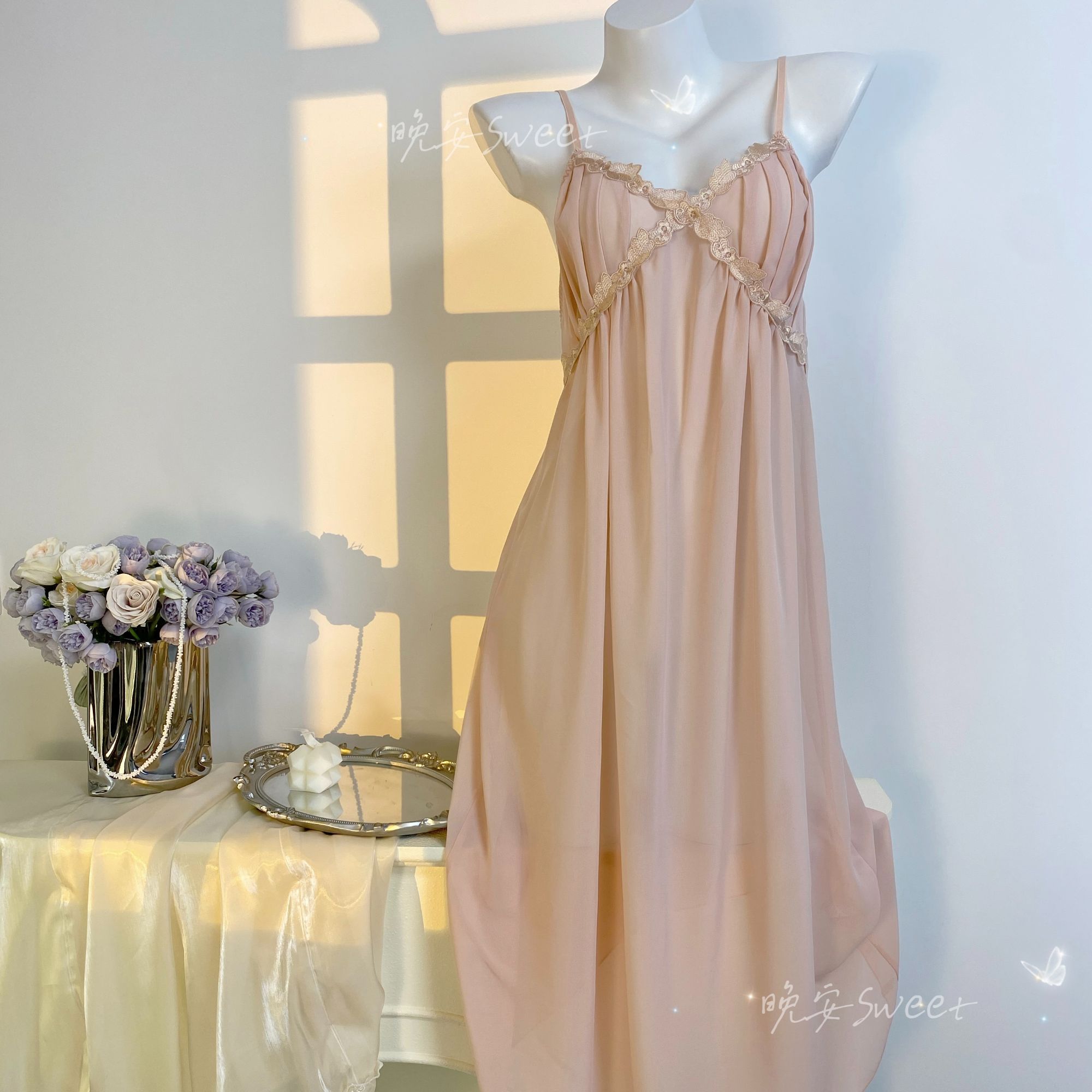 【80-150】千金感高级吊带睡裙长款宽松高级透肤连衣裙气质性感睡衣