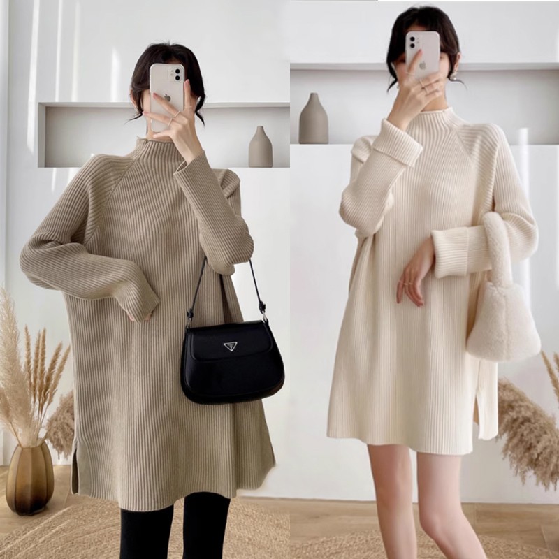 孕妇中长款毛衣秋冬装孕期韩版宽松半高领软糯内搭打底针织衫冬季