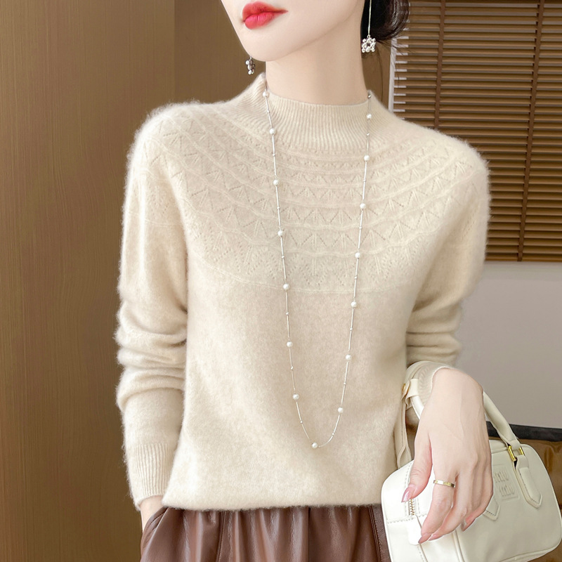 【一线成衣】100%羊毛半高领镂空设计感女士套头毛衣
