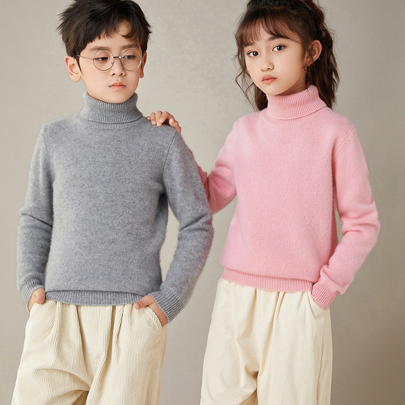 儿童100%羊毛衫高翻领男女童装加厚翻领加厚针织小孩纯色打底冬