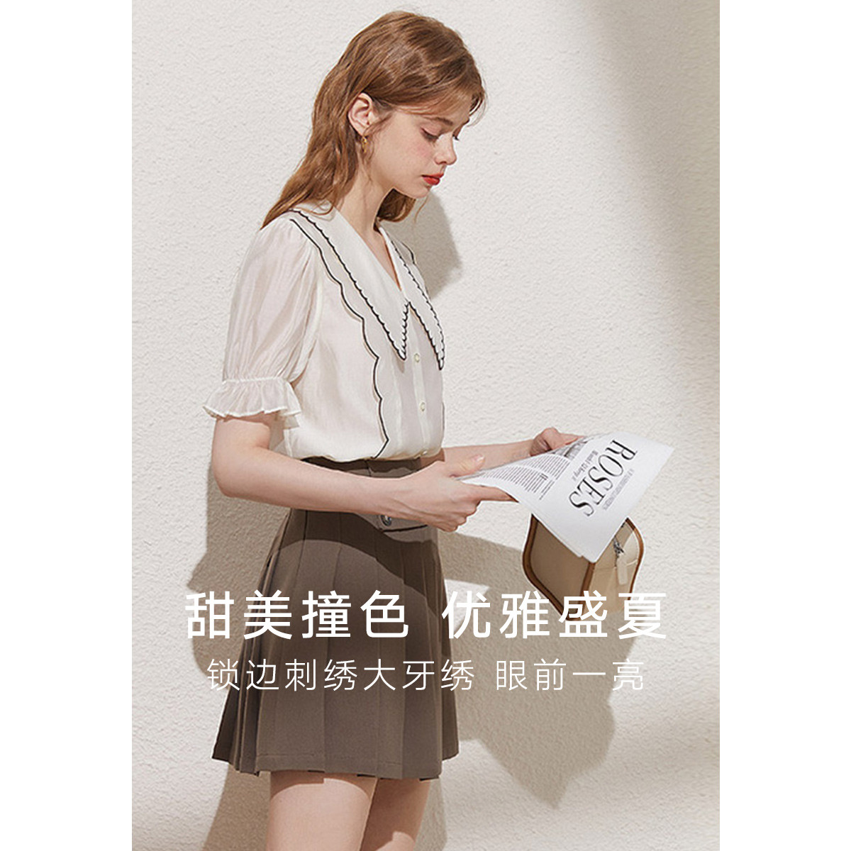 【2023夏季新款】时髦刺绣衬衫女短袖上衣甜美优雅通勤320511330