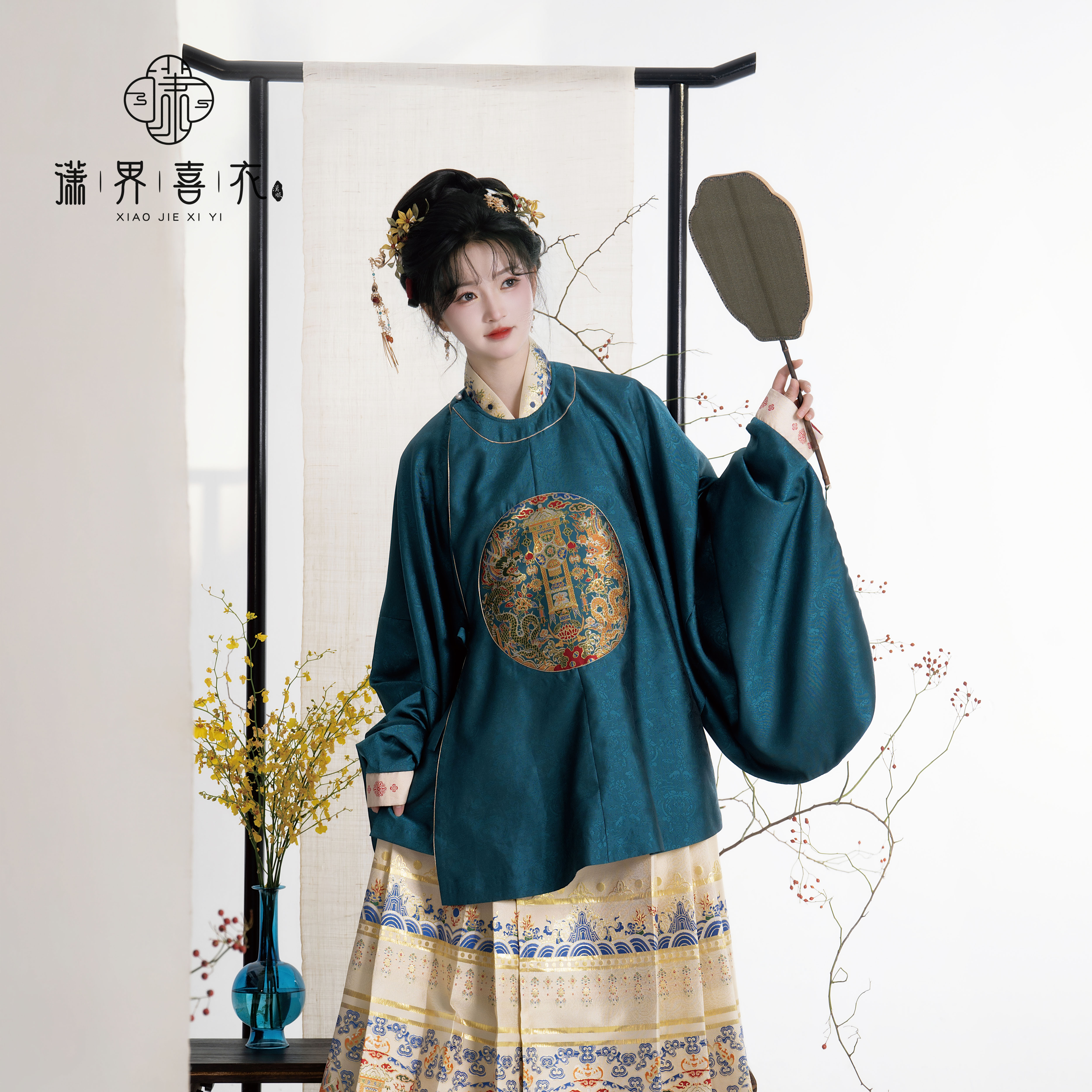 潇界喜衣【游龙华彩】原创明制圆领补服前后双补红色吐绶蓝国风