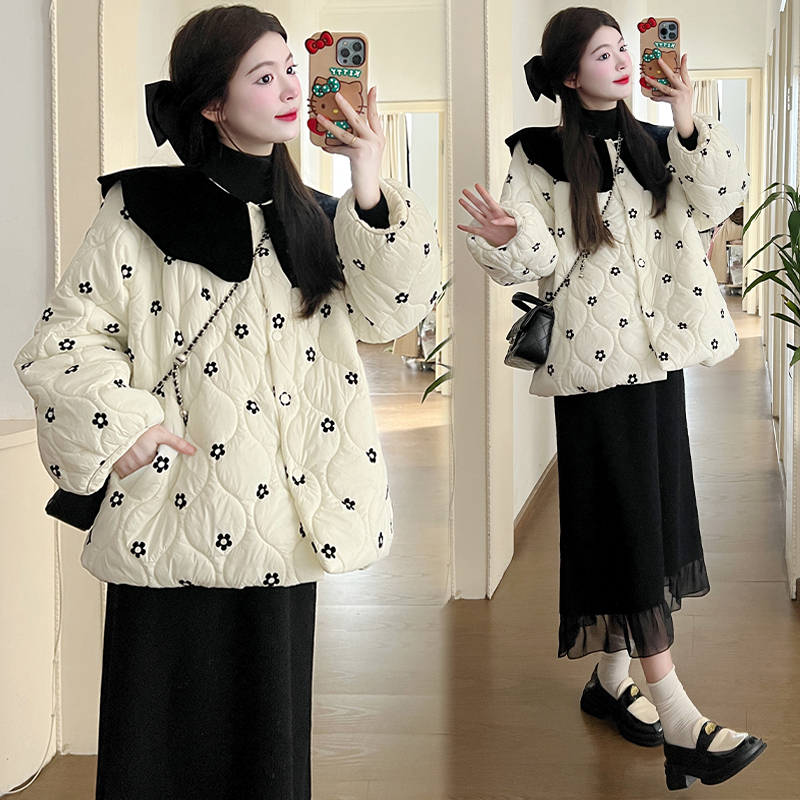 【丫丫推荐】孕妇装秋冬加厚保暖宽松花朵棉服外套+打底连衣裙套装