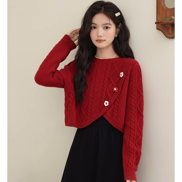 【丫丫推荐】孕妇装秋冬加厚保暖宽松玫瑰毛衣+吊带连衣裙新年战袍