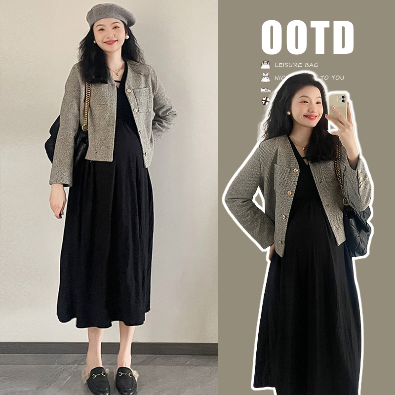 【丫丫推荐】孕妇装秋冬加厚保暖宽松小香风外套+赫本风连衣裙套装