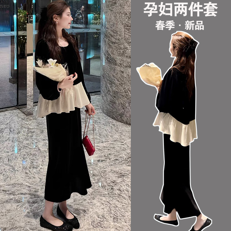 【丫丫推荐】孕妇装秋冬宽松显瘦遮肚丝绒蕾丝上衣+托腹半身裙套装