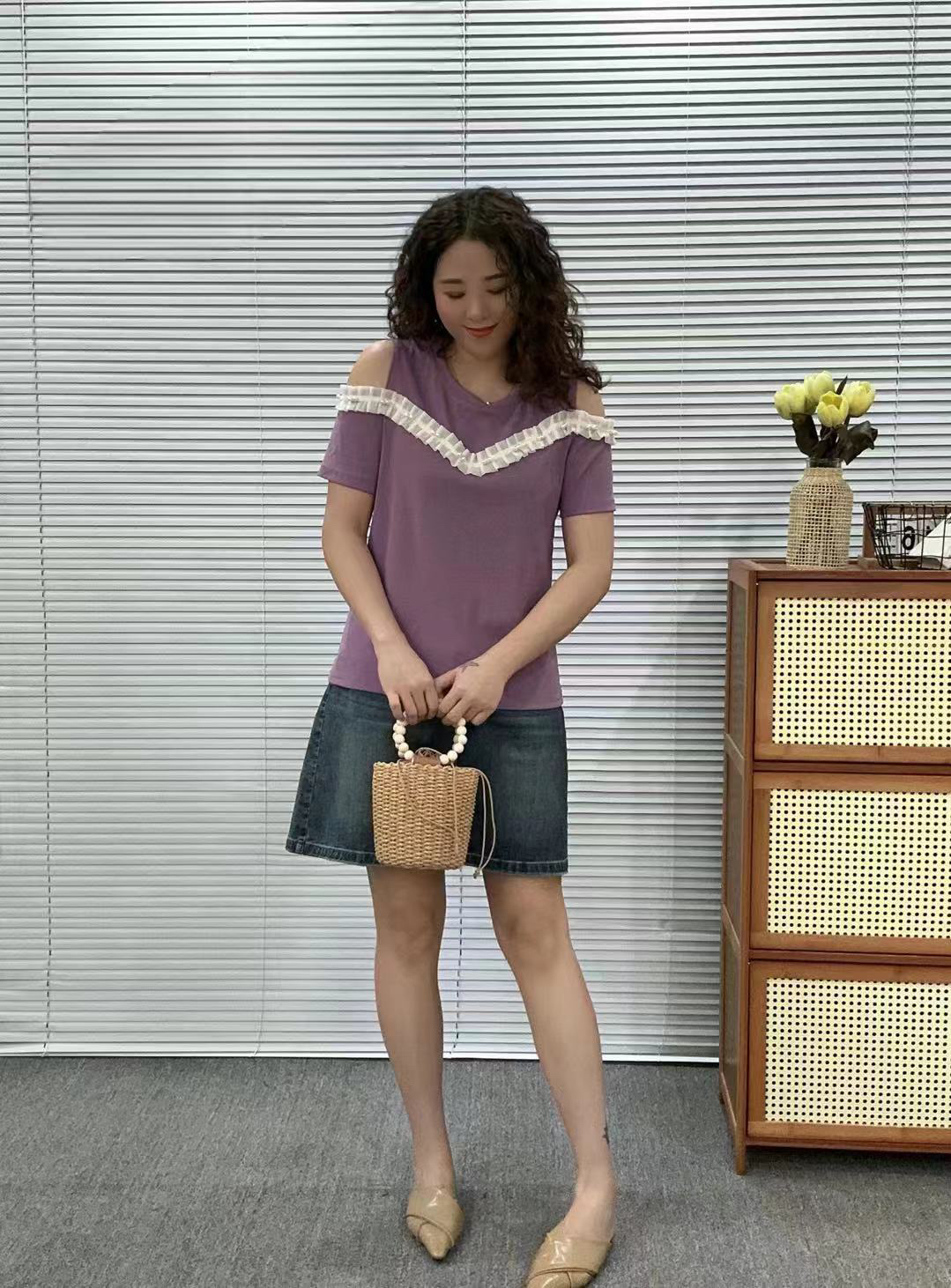 EF频道高品质露肩珍珠气质上衣T恤时尚休闲