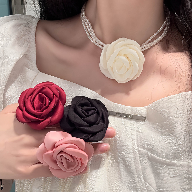 纯欲玫瑰花朵珍珠多层项链女轻奢高级感choker锁骨链项圈颈带颈链