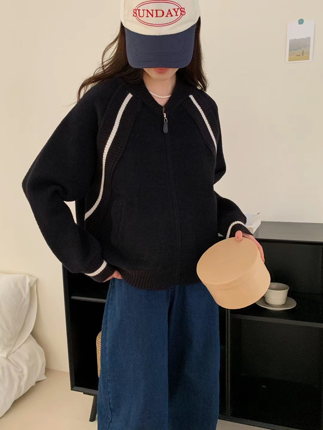 玉米家 韩版减龄时尚溜肩棒球服拉链外套长袖慵懒百搭