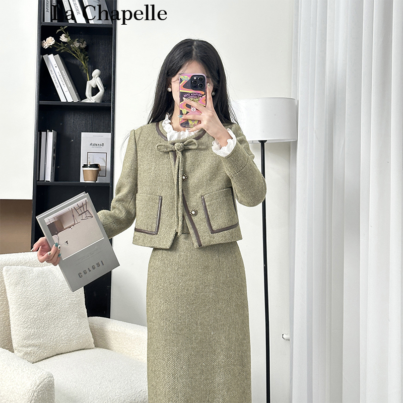 拉夏贝尔/25现货清仓法式名媛粗花呢小香羽绒套装 10085 KCJ