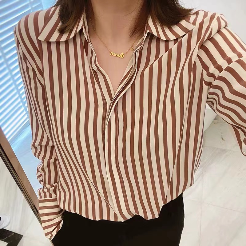【亿棋匠心】法式轻奢复古洋气咖啡竖条纹显瘦重磅沙洗桑蚕丝衬衫