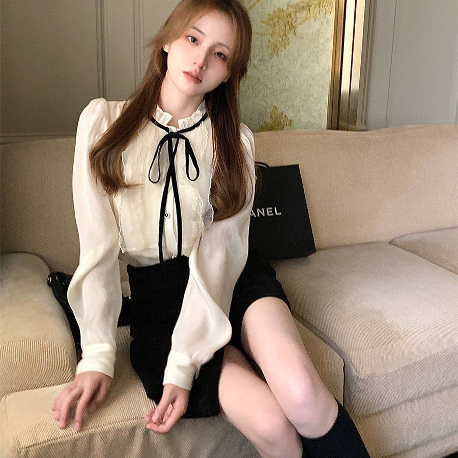 G小香风内搭衬衫雪纺衫女小个子长袖木耳边打底衫蕾丝花边新款