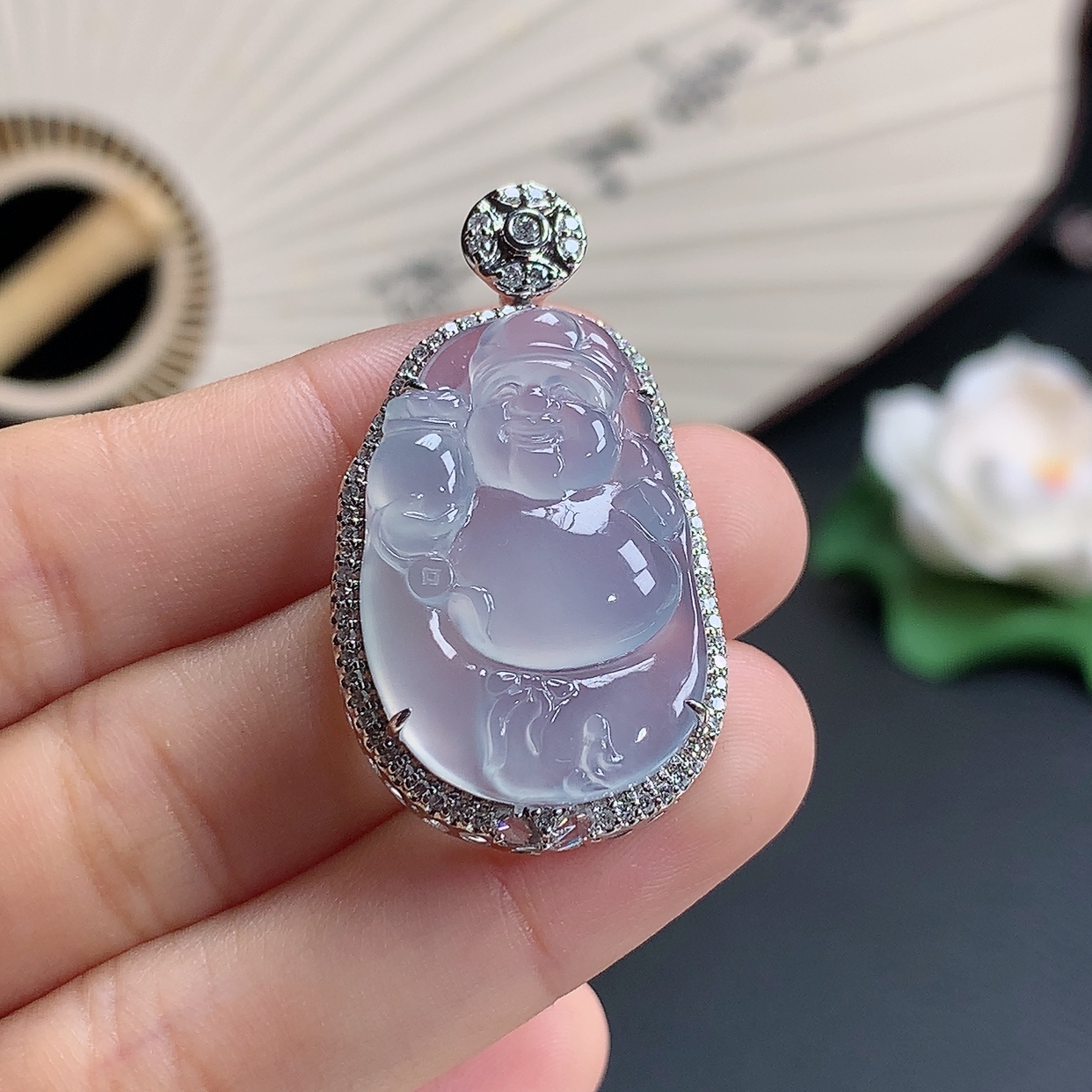 缅甸天然A货翡翠 18K金镶嵌冰种财神吊坠挂件