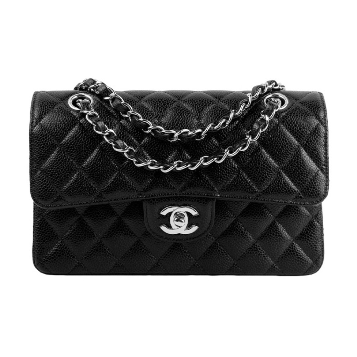 95新 Chanel/香奈儿 CF黑银荔枝牛中号/JW1185