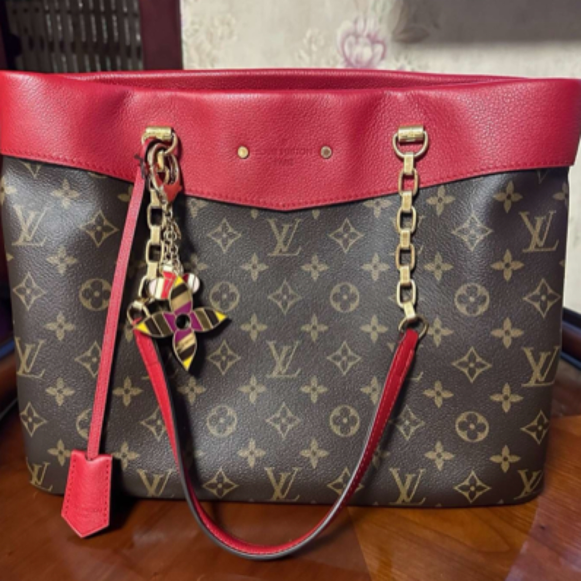 95新 LV LV 托特包 老花拼红色 中古/JW0083