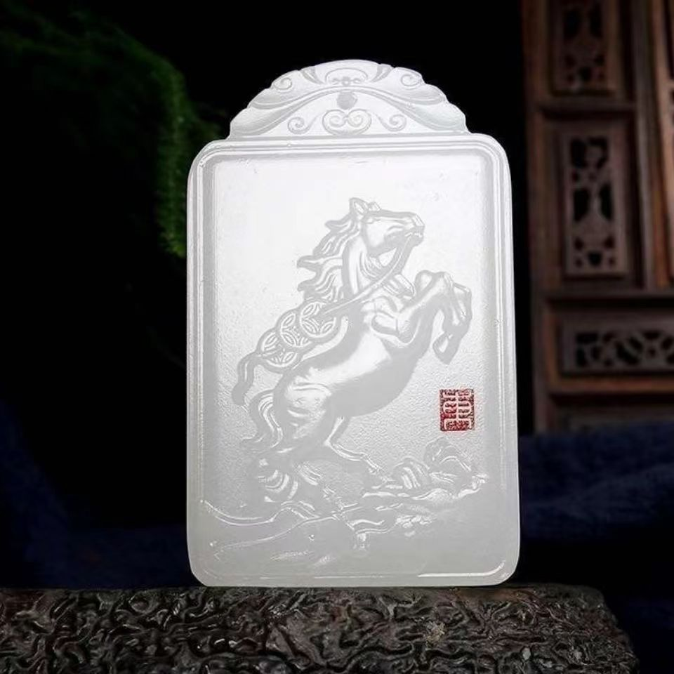 手工雕刻男士白福气版马到功成马上有钱麒麟精雕天然吊坠项坠