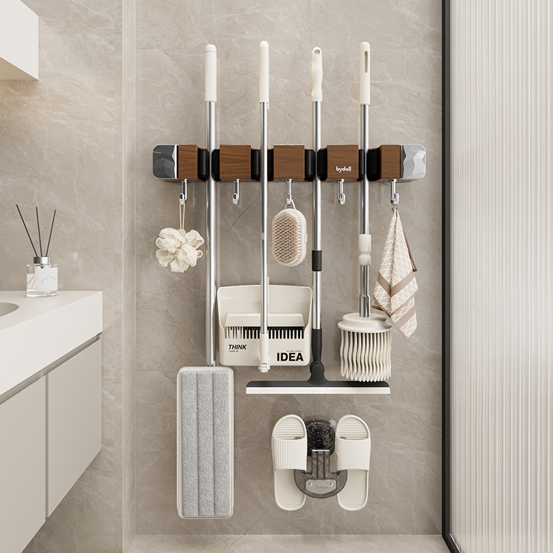 【半岛良品】木纹拖把夹免打孔联排吸盘壁挂夹强吸力家用浴室卫生间