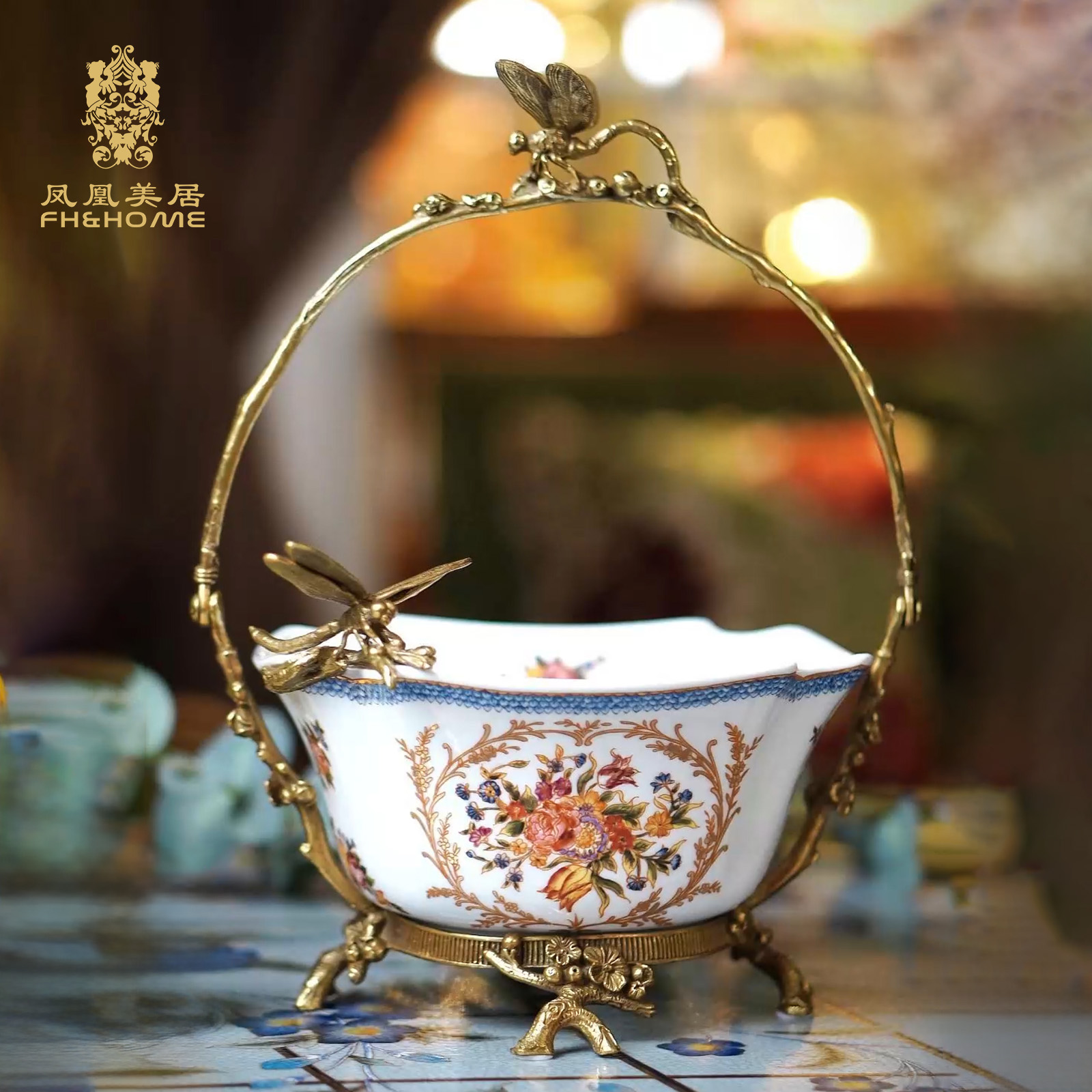 FH&HOME/凤凰美居奢华高档手工彩绘小提篮果篮摆件饰品陶瓷欧式