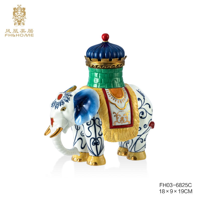 FH&HOME/凤凰美居欧式手工彩绘象造型精美干净家居蓝色牙签盒摆件